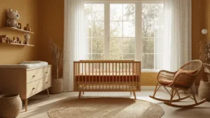 Moderne kinderkamer in aardetinten met natuurlijk licht, houten wieg met terracotta beddengoed, okergele muren, jute tapijt en rieten schommelstoel.