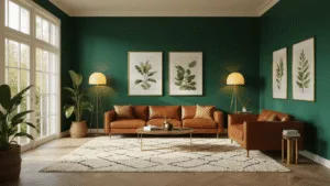 Cinematic wide shot of a spacious Dutch living room with an emerald green feature wall, high ceilings, and large south-facing windows. The scene features a cognac leather mid-century modern sofa, warm brass floor lamps, and botanical prints in gold frames. A hand-woven Berber rug with geometric patterns adds texture, with soft shadows and golden hour lighting enhancing the hyper-realistic ambiance.