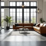Cinematische wide-angle opname van een moderne woonkamer met een naadloze anthracietgrijze polyurethaan vloeren, lichtinval door vloertoebodemramen met zwarte stalen omlijsting, cognackleurige leren bank, geometrische hanglampen, minimalistische decoratie met messing accenten, en een industrieel-Noordse esthetiek.