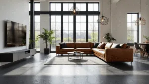 Cinematische wide-angle opname van een moderne woonkamer met een naadloze anthracietgrijze polyurethaan vloeren, lichtinval door vloertoebodemramen met zwarte stalen omlijsting, cognackleurige leren bank, geometrische hanglampen, minimalistische decoratie met messing accenten, en een industrieel-Noordse esthetiek.