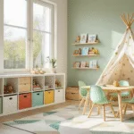 Hyperrealistisch beeld van een heldere en luchtige kindhoek in een moderne Nederlandse woonkamer, met een witte IKEA KALLAX kast, kleurrijke opbergdozen, een natuurlijke houten kinder tafel met mintgroene stoelen en een crème kleurige tipi tent. Gedecoreerd met een macramé wandkleed, zwevende houten planken met boeken en kunstwerken, en een saliegroen accentmuur. Het licht van de ochtendgouden uur creëert een warme sfeer.