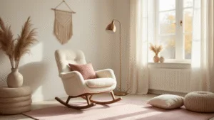 A serene Dutch nursery featuring a plush cream-colored teddy fabric rocking chair in soft morning light, surrounded by minimalist Scandinavian design elements, a soft pink Persian rug, and warm ambient lighting.