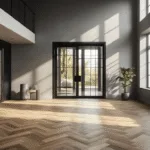 Cinematische fotorealistische weergave van een minimalistische woonkamer met matzwarte stalen deuren en geometrische glazen panelen, herringbone eiken vloeren, warme grijze muren en ochtendzonlicht dat door de vloer-tot-plafond ramen valt.