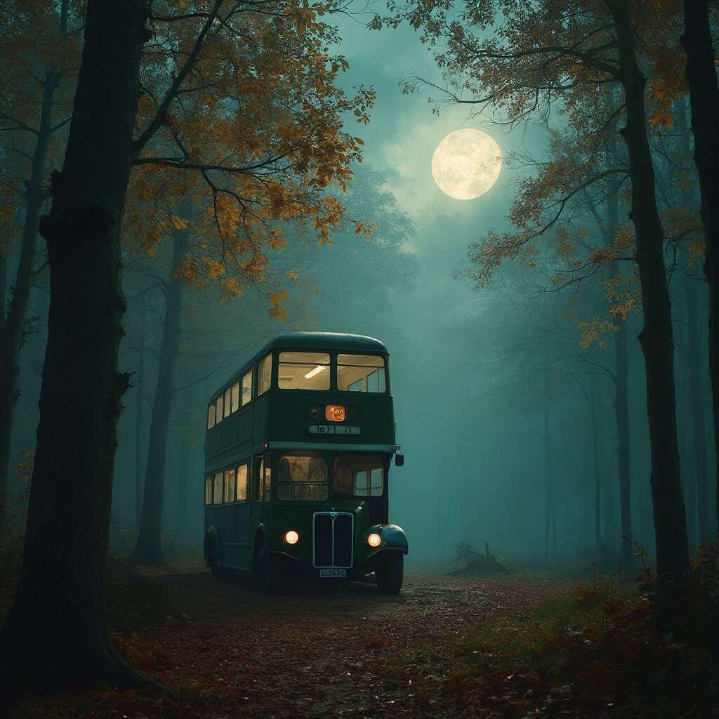 Nachtelijk boslandschap met een vintage Engelse dubbeldekkerbus geparkeerd tussen herfstbomen, mistige achtergrond, zacht maanlicht dat door gouden en rode bladeren filtert, mysterieuze en avontuurlijke uitstraling van de bus, zonder mensen zichtbaar, rijke herfstkleuren in diepe groenen en verbrand oranjes.