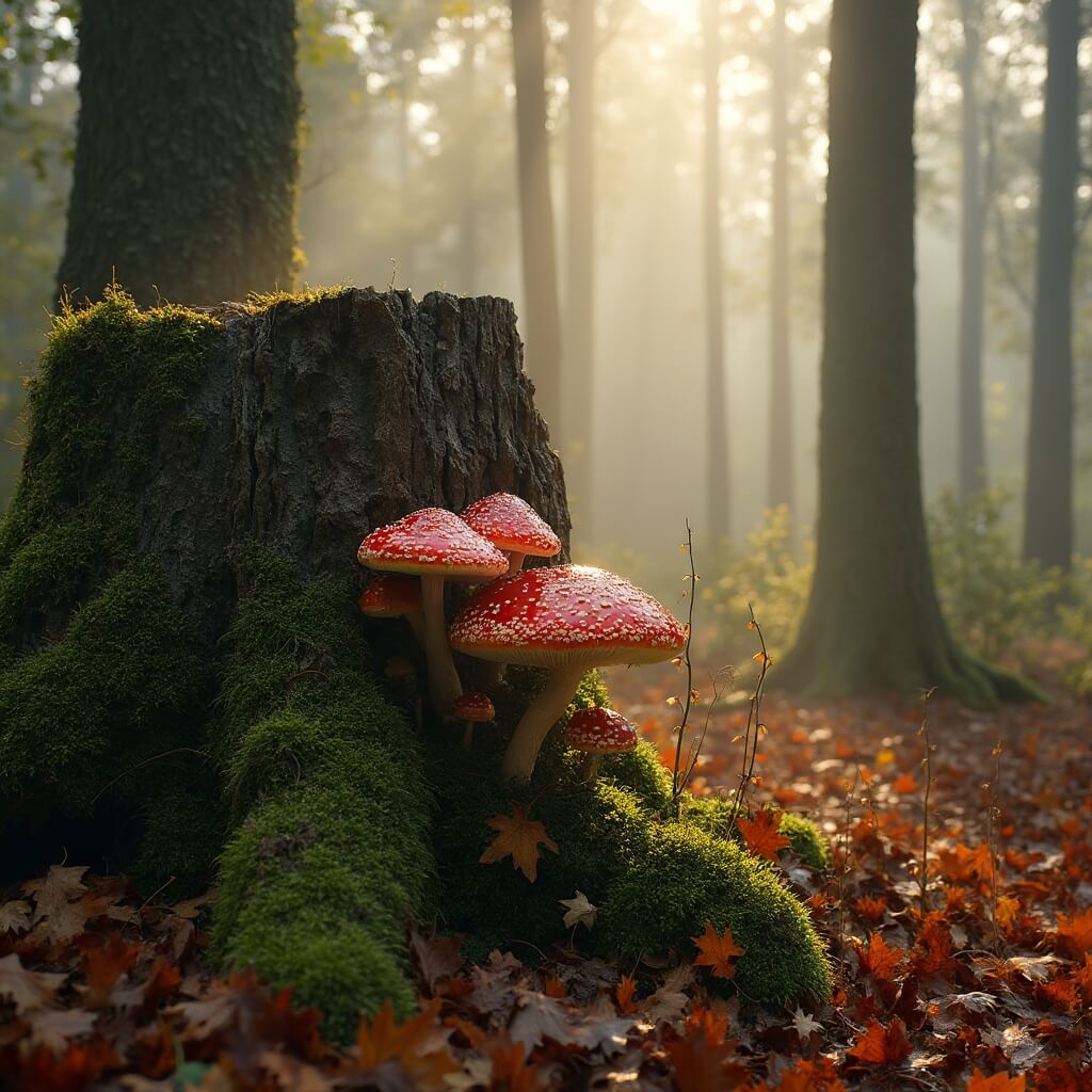 A mystical autumn forest in Veluwe National Park, showcasing a moss-covered tree stump adorned with red and white spotted Amanita muscaria mushrooms, surrounded by tall pine and deciduous trees. Soft morning mist and golden rays of sunlight illuminate the carpet of warm orange and brown fallen leaves, with various mushrooms peeking through the forest floor.