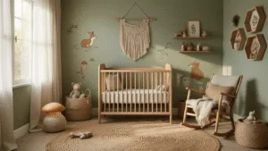 Dromerige nursery met mosgroene muren, handgeschilderde bosdieren, vintage meubels en warm, natuurlijk licht.