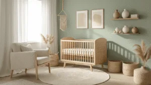 Rustieke en serene unisex kinderkamer van 4x4m met een natuurlijke uitstraling, verlicht door zacht ochtendlicht. Een houten wieg tegen een saliegroene muur, omringd door een ronde crème-kleurige wollen tapijt, een fijn linnen fauteuil en macramé wanddecoratie. Plankjes met matte keramische vazen en gedroogde pampasgras, doorzichtige witte linnen gordijnen en een vintage messing mobiel boven de wieg. Natuurlijke opbergmanden, abstracte kunstprints in dunne messing lijsten en handgeweven vloerkussens. Een rustige, neutrale kleurenpalet met aandacht voor textuur en natuurlijke materialen.