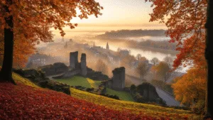 A misty autumn morning in Nijmegen features the historic city center framed by vibrant red and golden leaves, with ancient ruins in Valkhof Park and the winding Zevenheuvelenweg leading into foggy hills. Softly gleaming Waal River and historic buildings peek through foliage, illuminated by golden hour light for a magical, nostalgic atmosphere.