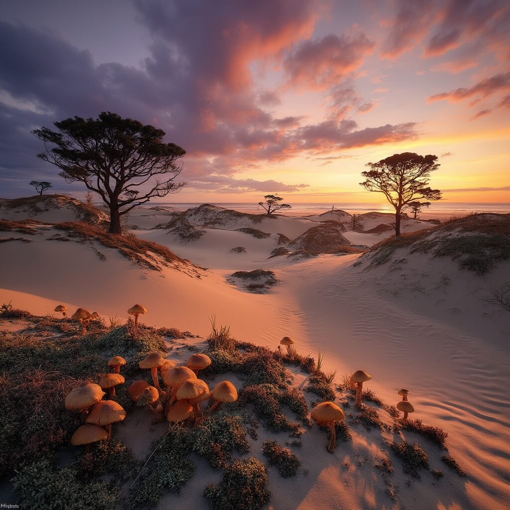 A dramatic sunset over the Kootwijkerzand sand drifts, with weathered pine trees on rolling dunes, clusters of earth star mushrooms among moss, and deep purple and orange clouds reflecting in golden sand.