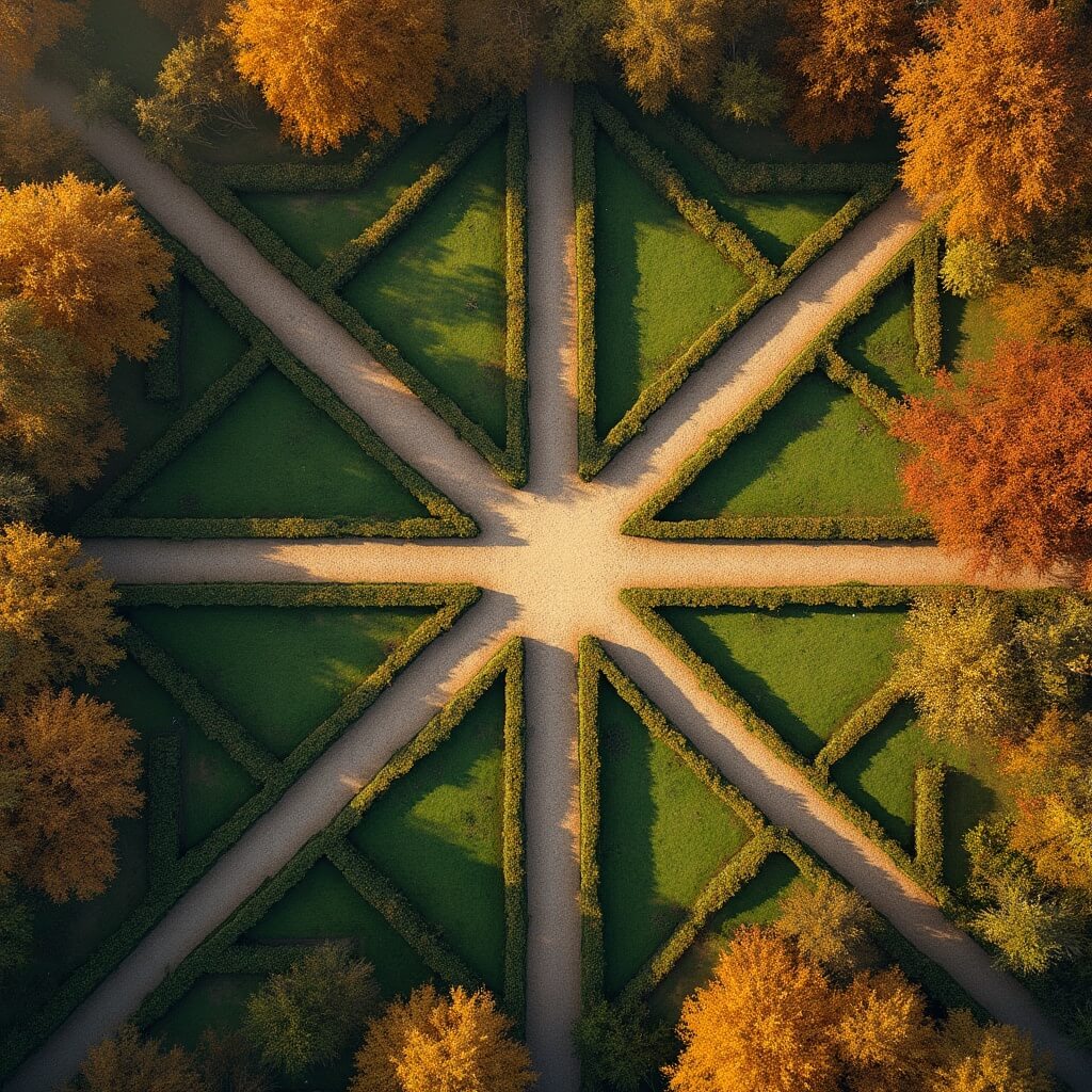 Aerial view of the baroque Oude Warande garden in Tilburg, featuring a geometric star design with eight symmetrical paths meeting at the center, surrounded by ancient beech and oak trees in vibrant autumn colors of gold and copper, with dappled sunlight and long shadows across the pathways.