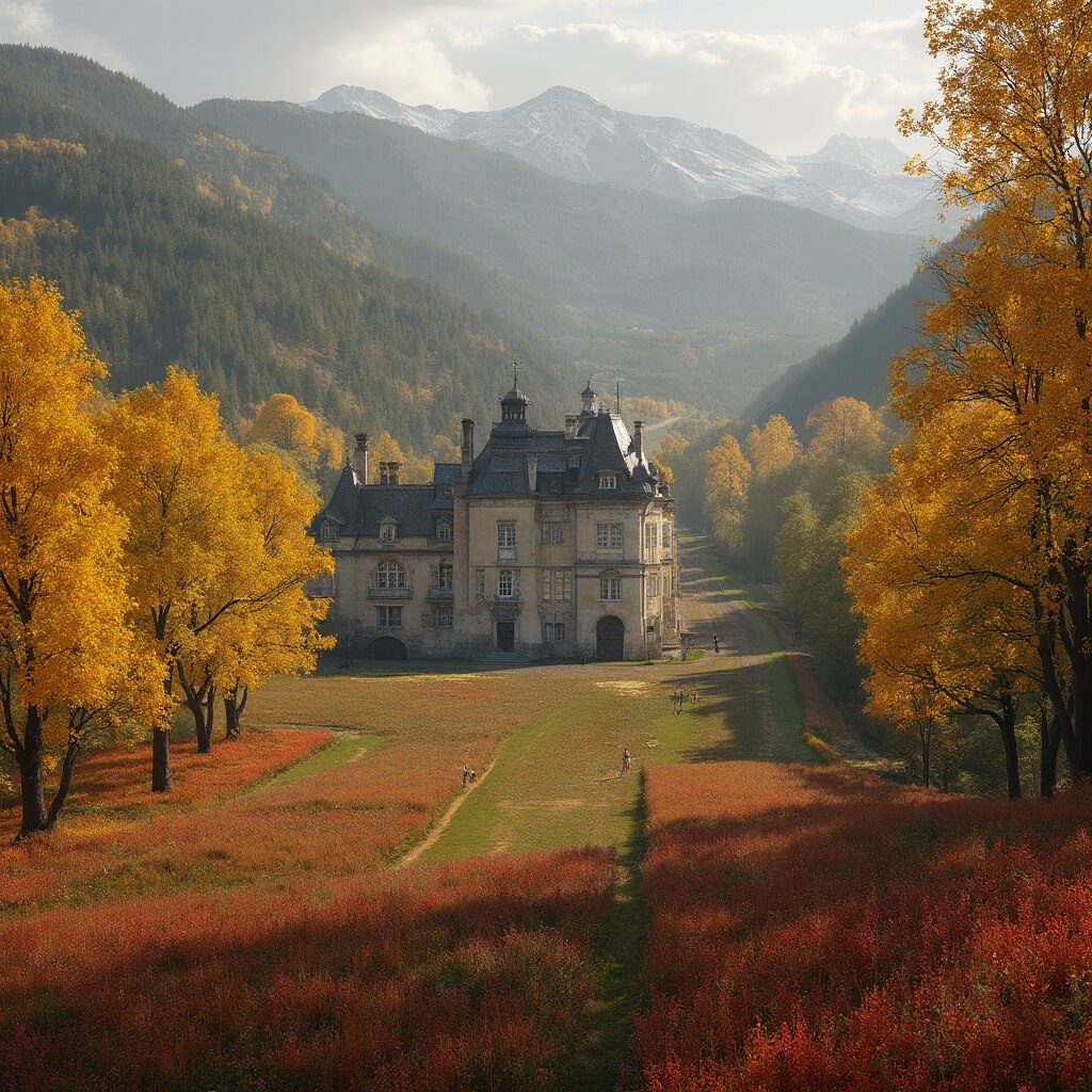 Photorealistic image of the historic Prattenburg estate in autumn, featuring a grand mansion nestled among rolling hills and deciduous forests, set against dramatic glacial valleys with colorful heather fields and a majestic avenue of old beech trees adorned in vibrant yellow and orange foliage.