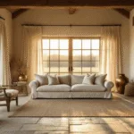 Cinematic wide-angle view of a Dutch farmhouse living room during golden hour, featuring a linen sofa, weathered oak furniture, natural stone flooring, and warm diffused light through sheer curtains.