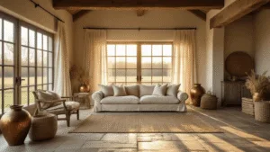 Cinematic wide-angle view of a Dutch farmhouse living room during golden hour, featuring a linen sofa, weathered oak furniture, natural stone flooring, and warm diffused light through sheer curtains.