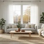 Een Scandinavische woonkamer in de ochtend met gouden licht, grote ramen met witte gordijnen, een lichtgrijze minimalistische bank en een gebleekt eiken salontafel. Planten in terracotta potten, een jute vloerkleed en matte zwarte wandlampen. Architektonische compositie met zachte diepte en hyperrealistische materialen.