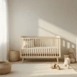 Hyperrealistische interieurfoto van een minimalistische Scandinavische kinderkamer met een witte houten wieg en natuurlijk linnen beddengoed, verlicht door zacht, gouden uur zonlicht dat door sheer witte gordijnen valt.