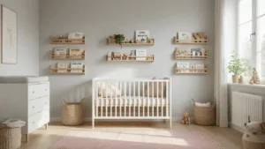 Fotorealistisch interieur van een moderne Scandinavische kinderkamer met meerdere bevestigde IKEA BEKVÄM kruidenrekken op lichtgrijze muren, ingericht met zachte pasteltinten. Een witte wieg met linnen beddengoed staat op een natuurlijk eikenhouten vloer, terwijl een blushroze tapijt en ochtendzonlicht door grote ramen voor een warme sfeer zorgen. De focus ligt op de kruidenrekken die kinderboeken, kleine planten en houten speelgoed tonen, met een minimalistische esthetiek en scherpe details.