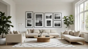 Een ruime Scandinavische woonkamer met een zorgvuldig samengestelde galerijmuur, zwart-wit foto's in minimalistische zwarte lijsten, een beige linnen bank, een ronde eikenhouten salontafel, een zacht wit tapijt met geometrisch patroon, hoge witte plafonds en matte witte muren, verlicht door natuurlijk ochtendlicht.