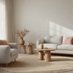 Cinematisch, ultra-gedetailleerde foto van een serene Scandinavische woonkamer, verlicht door zacht ochtendlicht dat door sheer linnen gordijnen valt. Details van een lichtgrijze bouclé bank, eiken bijzettafels en een natuurlijke wol vloerkleed. Minimalistische compositie met accessoires in poederroze en cognac leer. Mat witte muren, gedroogde bloemen in aardewerk vazen. Vermenging van natuurlijke materialen zoals walnotenhout, riet en geweven textiel.