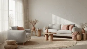 Cinematisch, ultra-gedetailleerde foto van een serene Scandinavische woonkamer, verlicht door zacht ochtendlicht dat door sheer linnen gordijnen valt. Details van een lichtgrijze bouclé bank, eiken bijzettafels en een natuurlijke wol vloerkleed. Minimalistische compositie met accessoires in poederroze en cognac leer. Mat witte muren, gedroogde bloemen in aardewerk vazen. Vermenging van natuurlijke materialen zoals walnotenhout, riet en geweven textiel.