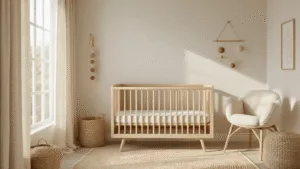 Serene beige nursery met natuurlijk licht, mid-century modern houten wieg, zandkleurige linnen gordijnen, bouclé voedingsstoel en jute vloerkleed.