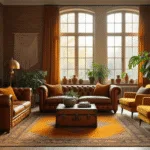 A photorealistic wide shot of a spacious Dutch living room bathed in warm golden hour sunlight, featuring a cognac leather Chesterfield sofa, mustard yellow Mid-century modern armchairs, and a terracotta Persian rug. The room includes an industrial black metal bookcase, high ceilings with ornate moldings, a vintage brass floor lamp, and a macramé wall hanging. A collection of ceramic vases and a potted monstera plant add warmth, while textured throw pillows and an antique wooden trunk serve as a coffee table. The gallery wall displays black and white photographs, complemented by velvet curtains and an exposed brick wall, creating a moody atmospheric atmosphere in 8k resolution.