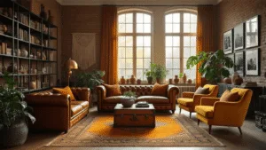 A photorealistic wide shot of a spacious Dutch living room bathed in warm golden hour sunlight, featuring a cognac leather Chesterfield sofa, mustard yellow Mid-century modern armchairs, and a terracotta Persian rug. The room includes an industrial black metal bookcase, high ceilings with ornate moldings, a vintage brass floor lamp, and a macramé wall hanging. A collection of ceramic vases and a potted monstera plant add warmth, while textured throw pillows and an antique wooden trunk serve as a coffee table. The gallery wall displays black and white photographs, complemented by velvet curtains and an exposed brick wall, creating a moody atmospheric atmosphere in 8k resolution.