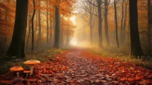 A vivid autumn scene in Tilburg's Wandelbos, featuring a winding forest path blanketed with fallen leaves in shades of orange, brown, and red, flanked by tall deciduous trees forming a natural canopy. Golden sunlight filters through the branches, illuminating detailed mushrooms among the leaf litter, while morning mist adds a dreamy atmosphere to the enchanting landscape.