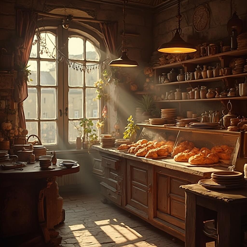 Gezellige interieur van een traditionele Limburgse bakkerij in het oude stadscentrum van Maastricht, met gouden vlaai op een rustieke houten display, zacht herfstlicht dat door vintage ramen schijnt, warme kleuren van amber en bruin, traditionele keramische borden en vintage bakgereedschap subtiel zichtbaar, een knusse en nostalgische sfeer.