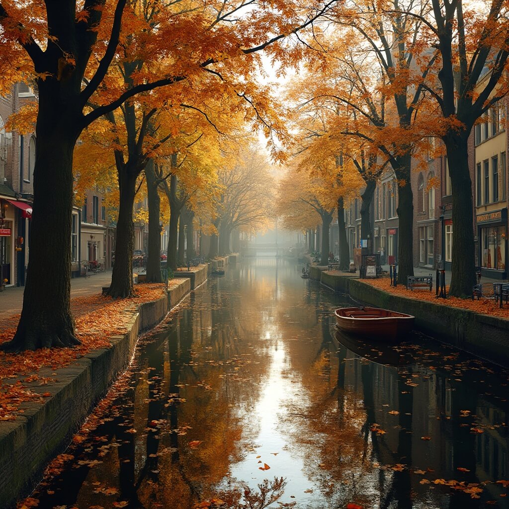 A scenic view of Utrecht's canals in autumn, featuring historic warehouses and wharf cellars, with ancient trees displaying golden-orange leaves. A small wooden boat glides through the calm water, reflecting the vibrant foliage and floating fallen leaves, all bathed in warm afternoon light.