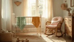 Cinematische foto van een zonovergoten vintage kinderkamer met een crèmekleurig metalen ledikant, handgehaakte dekens in muntgroen en okergeel, een rotan schommelstoel met blush-kleurige kussens, en een antieke houten commode. De ruimte bevat natuurlijke texturen zoals geweven tapijten en linnen gordijnen, met vintage houten speelgoed verspreid. De zachte pasteltinten en gedempte kleuren creëren een warme, nostalgische sfeer.