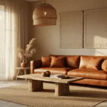 Luxe Scandinavische woonkamer in gouden uurlicht, met cognac leren bank, terracotta kussens, en een verweerde houten salontafel op een jute tapijt. Rieten lamp, linnen gordijnen, vintage koperen accenten, en aardetonen wanddecoratie creëren een gezellige sfeer.