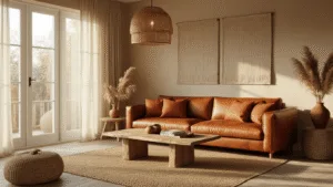 Luxe Scandinavische woonkamer in gouden uurlicht, met cognac leren bank, terracotta kussens, en een verweerde houten salontafel op een jute tapijt. Rieten lamp, linnen gordijnen, vintage koperen accenten, en aardetonen wanddecoratie creëren een gezellige sfeer.