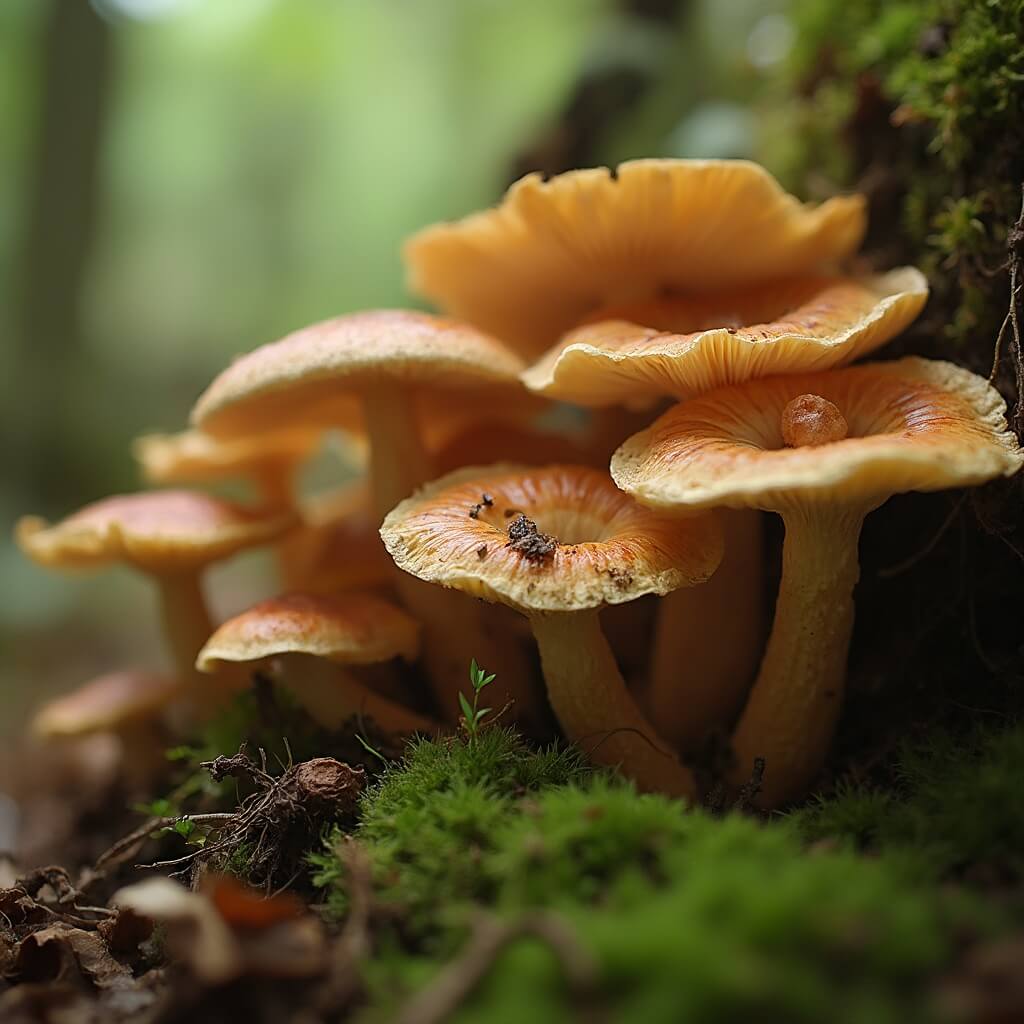 Nabijperspectief van een diverse collectie wilde paddenstoelen die groeien op de bosgrond, met rijke aardetinten en intrigerende texturen en vormen, verlicht door zacht, gevlekt zonlicht, op een mosrijke bodem.