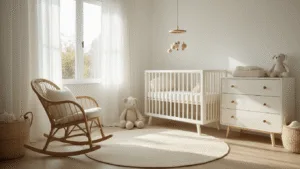 Hyperrealistische foto van een serene witte kinderkamer met Scandinavisch design, met ochtendzon die door sheer linnen gordijnen straalt, een witte Bopita wieg, een rieten schommelstoel en een neutraal rond vloerkleed.