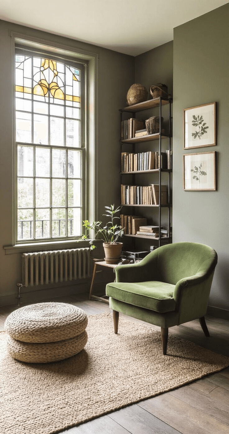 Compacte stadswoonkamer met erker in ochtendlicht, fluwelen mosgroene fauteuil naast industriële boekenkast, jute vloerkleed en vintage camel poef, botanische prints in messing frames aan de muur.
