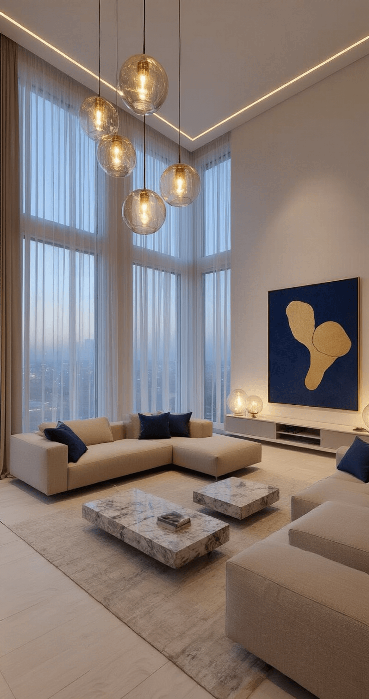 Moderne open woonkamer met panoramische ramen, een beige loungebank, een zwevend notenfineer TV-meubel, abstracte kunst in navy en goud, marmeren bijzettafels, mondgeblazen glazen hanglampen en een hoogpolig tapijt in roomwit, gefotografeerd vanuit vogelperspectief tijdens blue hour.