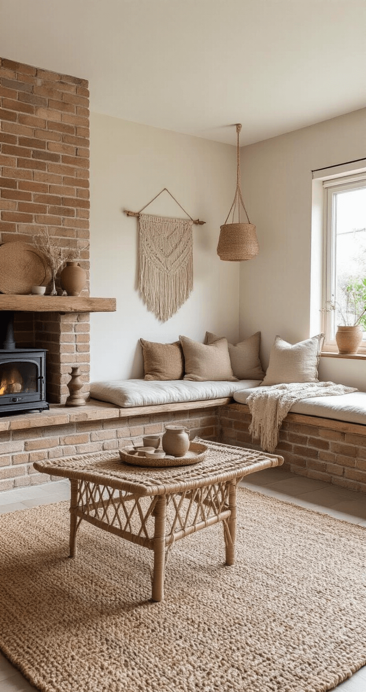 Knusse woonkamer met bakstenen schouw en houtkachel, zandkleurige linnen hoekbank, handgeknoopt Berber tapijt, rotan hangstoel en macramé wanddecoratie. Verzameling keramiek op rustieke wandplanken met sfeer van bohemian en organische elementen, gefotografeerd vanuit ooghoogte bij de entree.