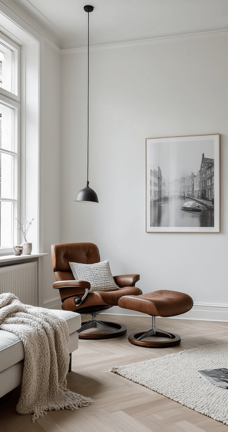 Scandinavische woonkamer met witte muren en een visgraat eiken vloer, verlicht door winterlicht. Een cognac leren Stressless fauteuil staat centraal, omringd door zwart-wit fotografiekunst en geometrische kussens. Een steengrijs wollen plaid ligt op de fauteuil. Een minimalistische hanglamp van gebogen hout hangt boven de ruimte. Het beeld is genomen vanuit een laag standpunt met natuurlijk tegenlicht, wat een schone en serene sfeer creëert.