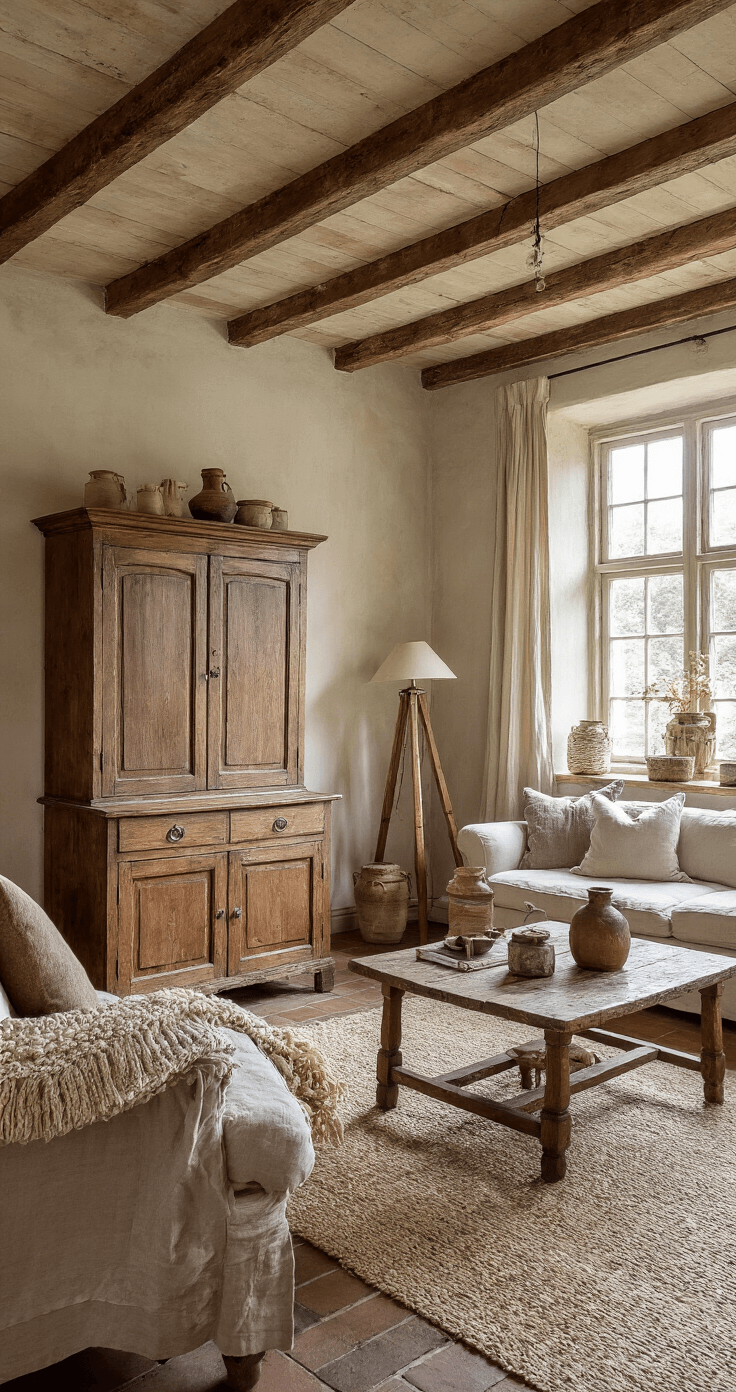 Landelijke woonkamer met houten balken aan het plafond, kalkverf wanden en een grootmoeders buffetkast in vergrijsd eiken, een linnen bankstel en handgeweven kelim kussens, antieke koperen accessoires en droogbloemen in oude kruiken, vastgelegd in het gouden uur met nadruk op dieptewerking.