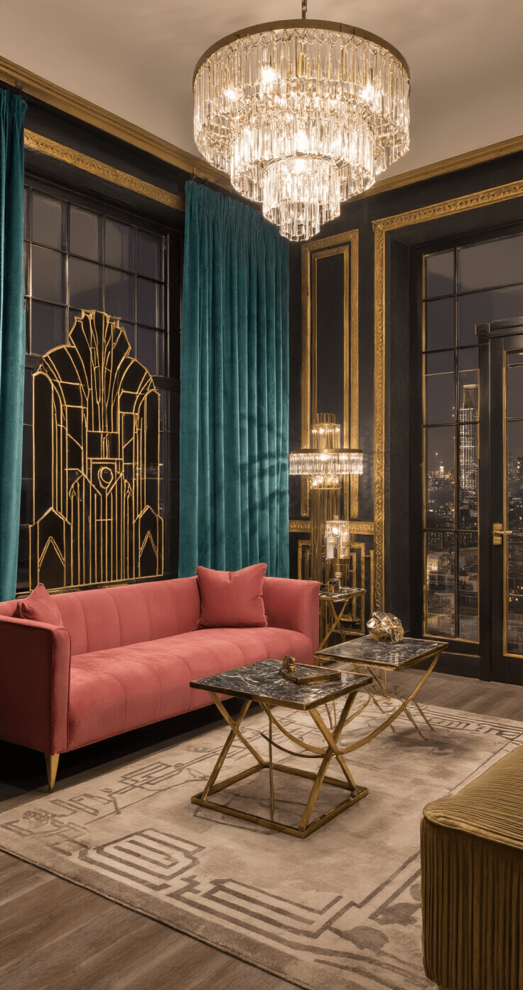 Art deco geïnspireerde woonkamer in avondlicht met hoge ramen, velours gordijnen in petrol, oudroze fluwelen bank, messing bijzettafels met marmeren blad, gouden geometrische wanddecoratie, kristallen kroonluchter en zijden tapijt met art deco motief. Dramatisch kikvorsperspectief, glamoureuze en theatrale sfeer.