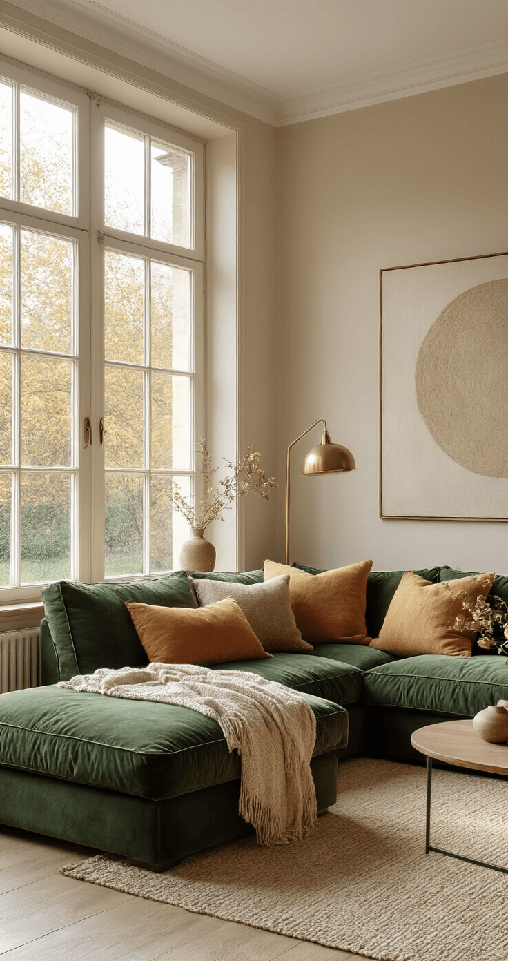 Een ruime woonkamer met een luxe donkergroene fluwelen hoekbank tegen een crèmekleurige muur, verlicht door warm zonlicht door hoge ramen. De inrichting omvat beige plaids, okergele en ivoorwitte kussens, een vintage messing vloerlamp, abstracte wandkunst en een rond walnotenhouten salontafel, vastgelegd vanuit een ooghoogte van 45 graden.
