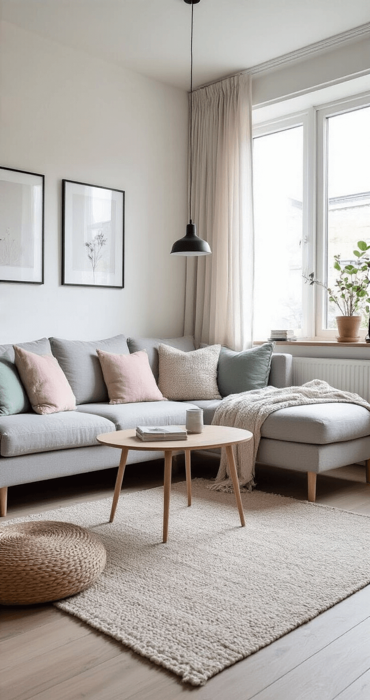 Intieme Scandinavische woonruimte van 25m² met een lichtgrijze bank, architectonische wandplanken, linnen gordijnen en zachte pasteltinten in de styling, verlicht door natuurlijk ochtendlicht.