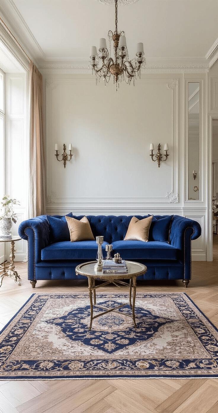 Klassieke woonkamer van 30m² in middaglicht met elegante Chesterfield in peacock-blauw fluweel, antieke messing bijzettafels, en zijden sierkussens in jewel tones, omlijst door een handgeknoopt Oosters tapijt en verzilverde spiegels, met een kroonluchter die zachte schaduwen werpt.
