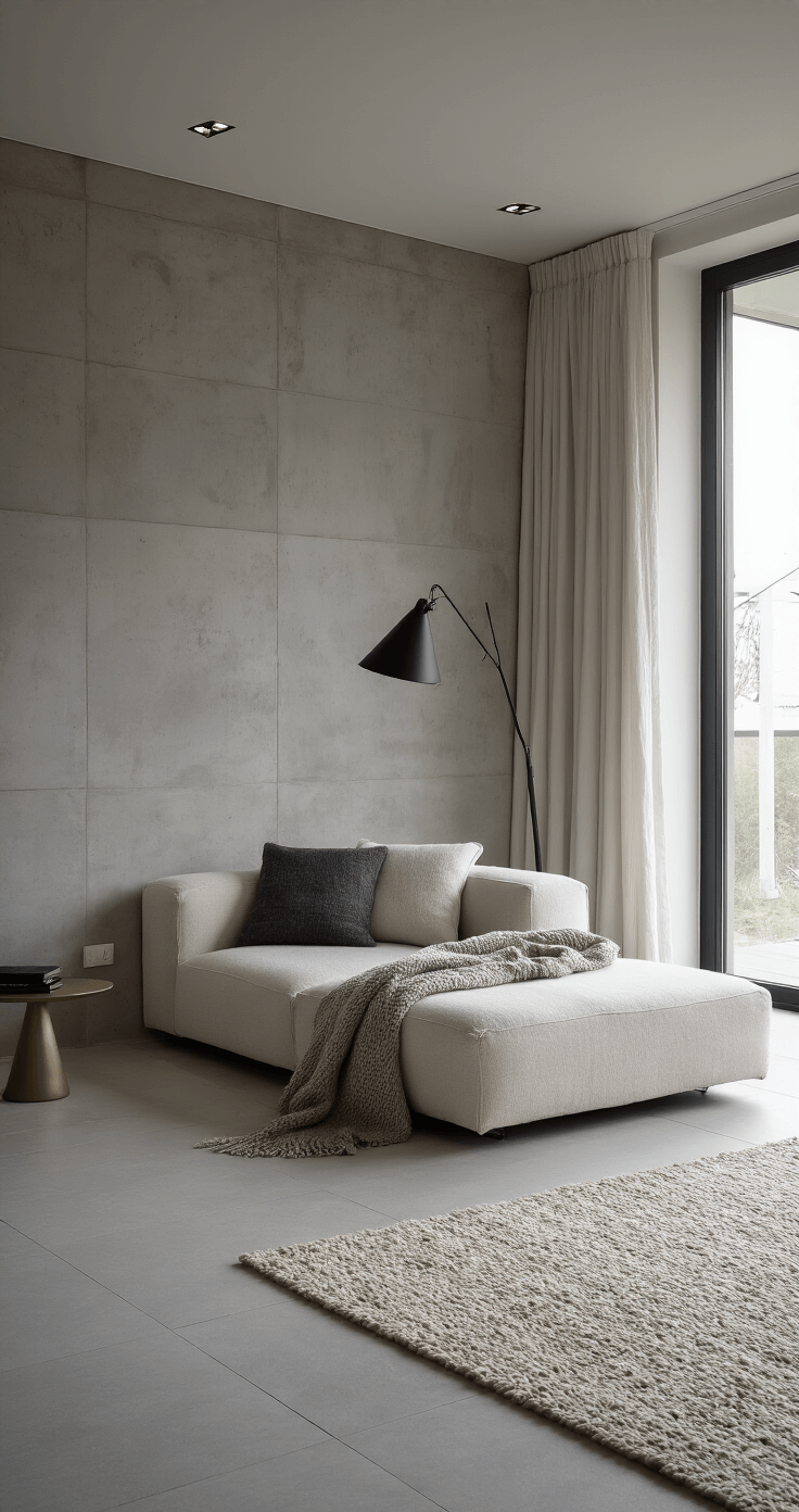 Minimalistische woonkamer van 28m² met een wolwitte modulaire bank tegen een betonlook wand, een hoog plafond met architecturale spotlighting, monochrome styling in gebroken wit, een zwart kunstwerk als statement, en accessoires in geborsteld messing, sfeervol verlicht in diffuus middaglicht.