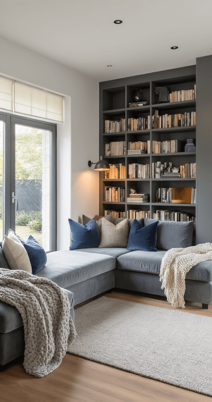Een hedendaags familiehuis van 45m² ingericht in schemerlicht, met een extra diepe hoekbank in stormgrijs, voor een grote boekenkast. De ruimte heeft ambient verlichting, oversized kussens in nachtblauw en sage, chunky knit plaids, en persoonlijke fotokunst. Er ligt een warme eiken vloer met hoogpolig tapijt en de sfeer is gezellig en huiselijk.