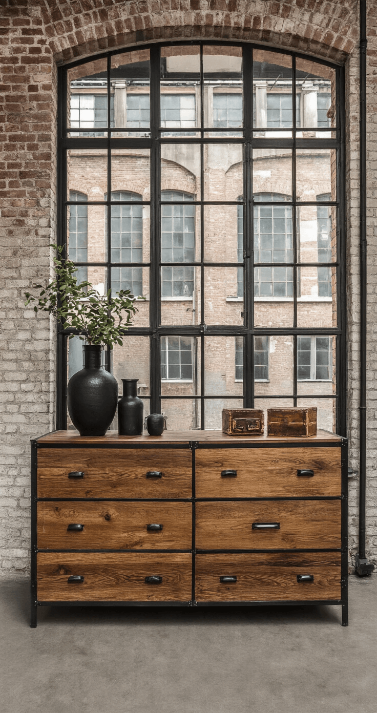 Industrieel dressoir in een loft woonkamer met hoge plafonds, grote ramen en warm licht, omringd door vintage accessoires en een bakstenen muur.
