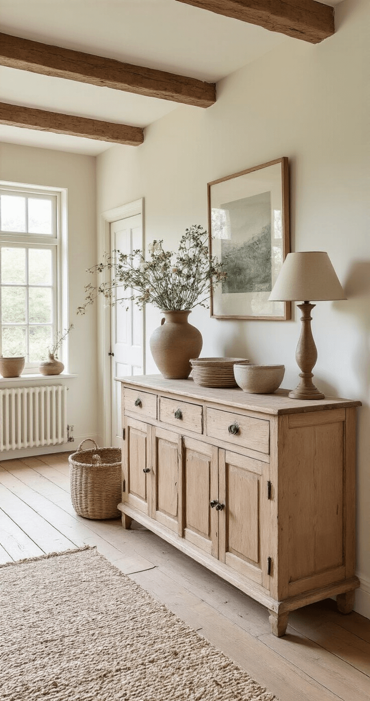 Een sfeervolle woonkamer met een massief eiken dressoir en vintage decoraties, badend in ochtendlicht dat door glas-in-lood ramen valt.