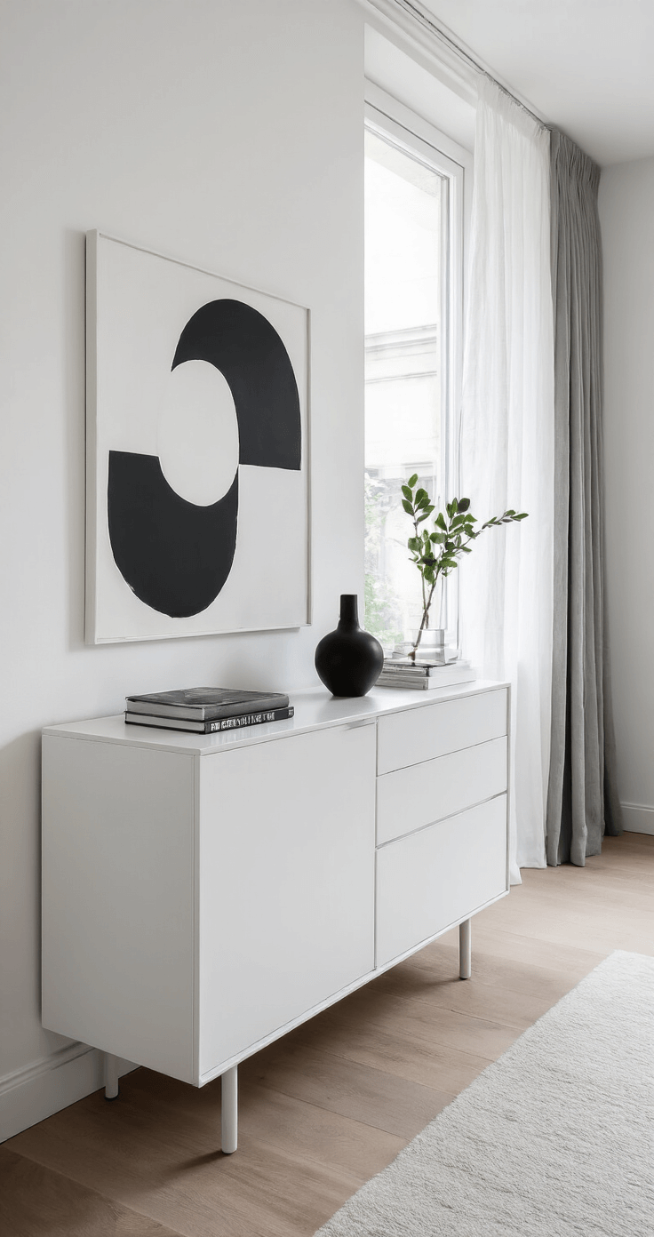 Minimalistisch wit dressoir in moderne stadswoning, met vloer-tot-plafond ramen en natuurlijk licht, strak interieur met abstracte kunst en geometrische objecten, in monochroom palet van wit, grijs en zwart.