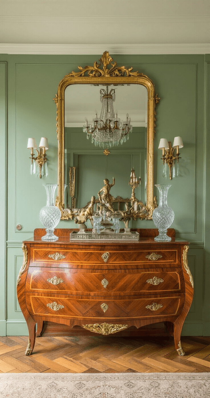 Een vintage palissander dressoir met art deco details staat in een klassieke kamer met een ornamentplafond. De ruimte is 5x5 meter en heeft sage groene muren en visgraat parket. Het gouden avondlicht benadrukt de rijke juweeltinten van diep groen, bordeaux en goud, terwijl kristallen vazen, antieke spiegels en messing objecten een elegante sfeer creëren.