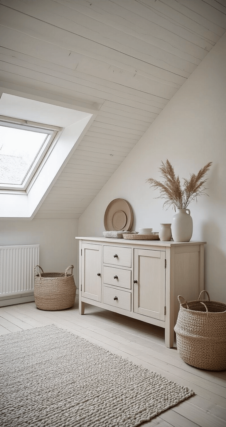 Scandinavisch dressoir van licht berkenhout op hoge poten in een lichte zolderwoning, met ochtendlicht dat door Velux ramen valt. Ruimtelijke indeling met dakkapellen, whitewash planken vloer, en witte muren. Styling met keramiek, linnen textiel en gedroogde pampas in een Scandinavisch kleurenschema van bleek hout, grijs en ecru. Zacht bokeh-effect.